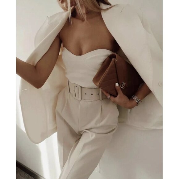 Zara Pants - NWOT ZARA XS High-Waist Trousers With Wide Belt Neutral Cream High Rise